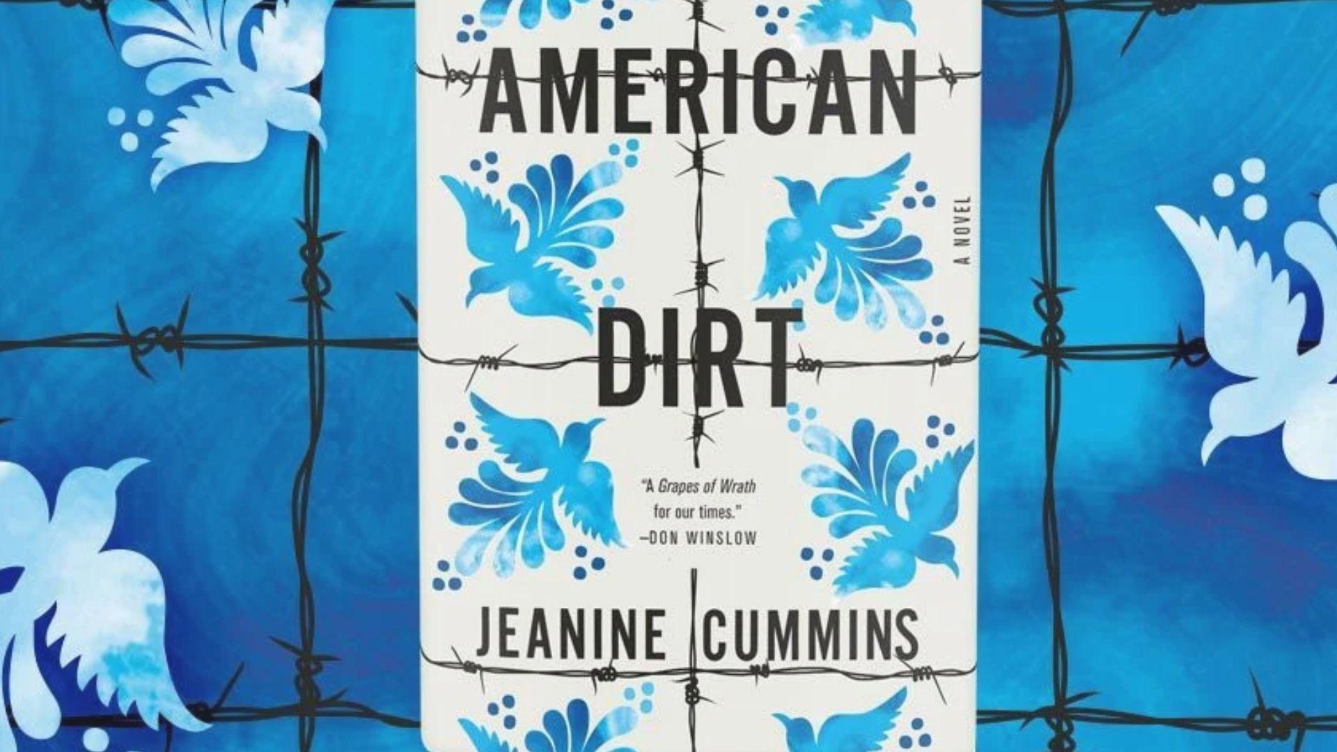 American Dirt by Jeanine Cummins book cover featuring blue birds and barbed wire