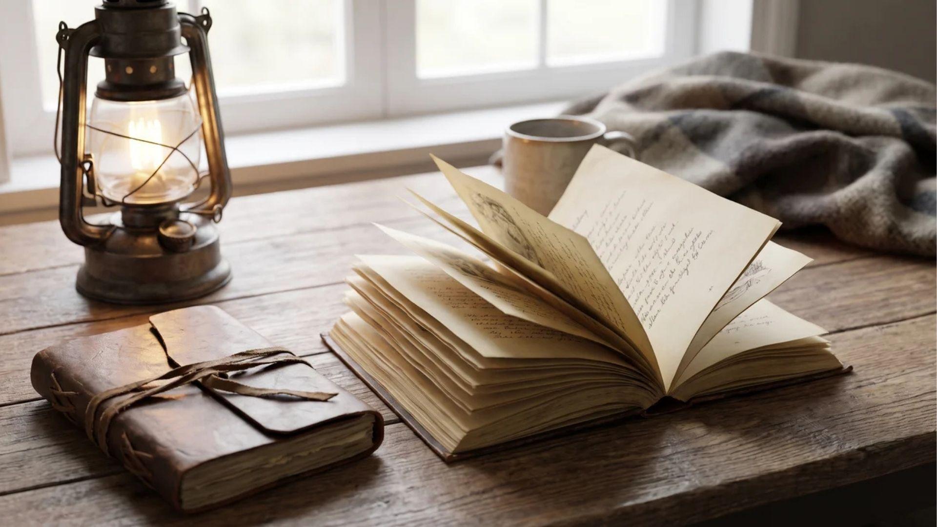 Open poetry book on a storytelling-themed reading desk.