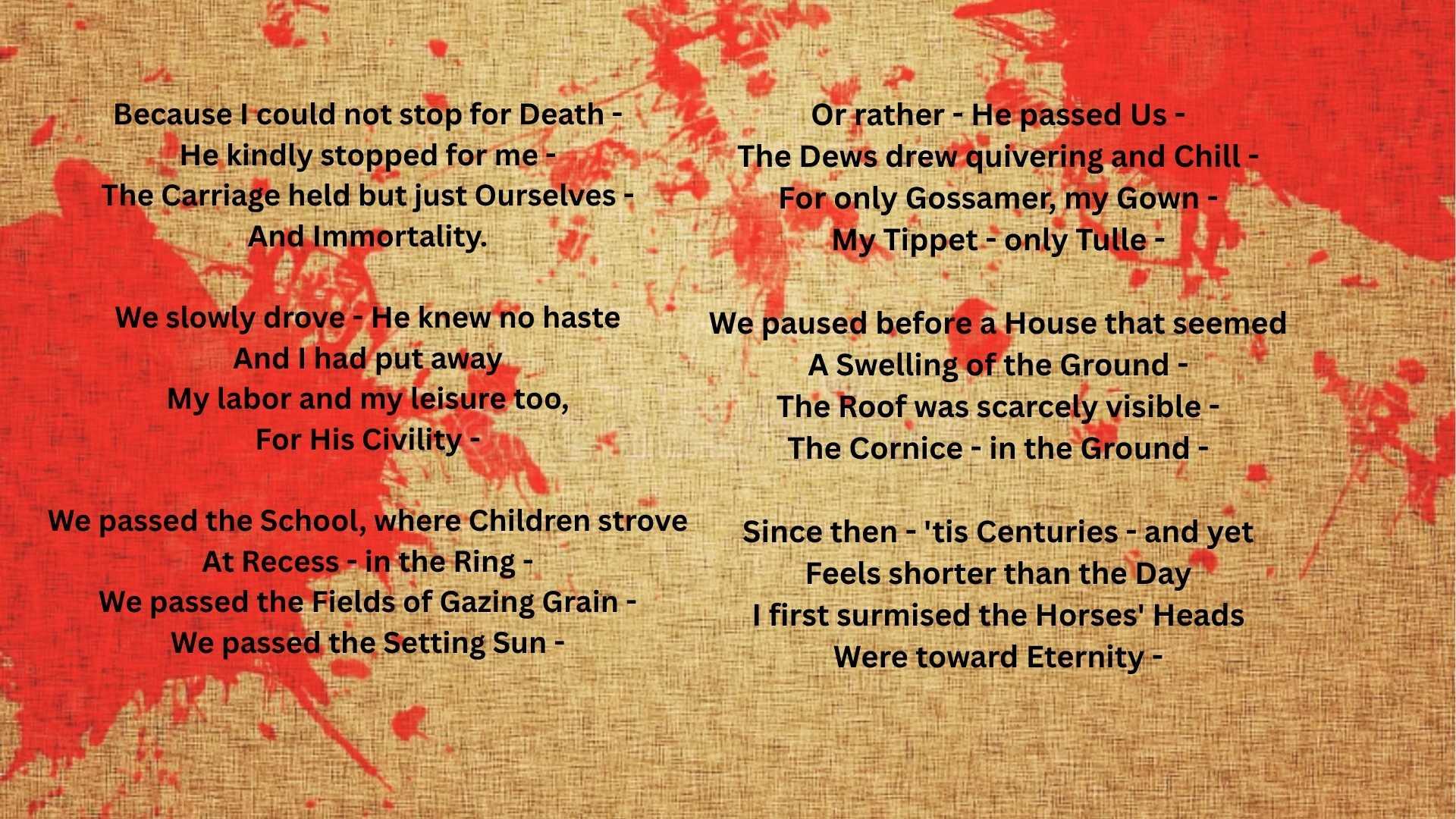 Emily Dickinson’s “Because I Could Not Stop for Death” poem on a textured red and beige background
