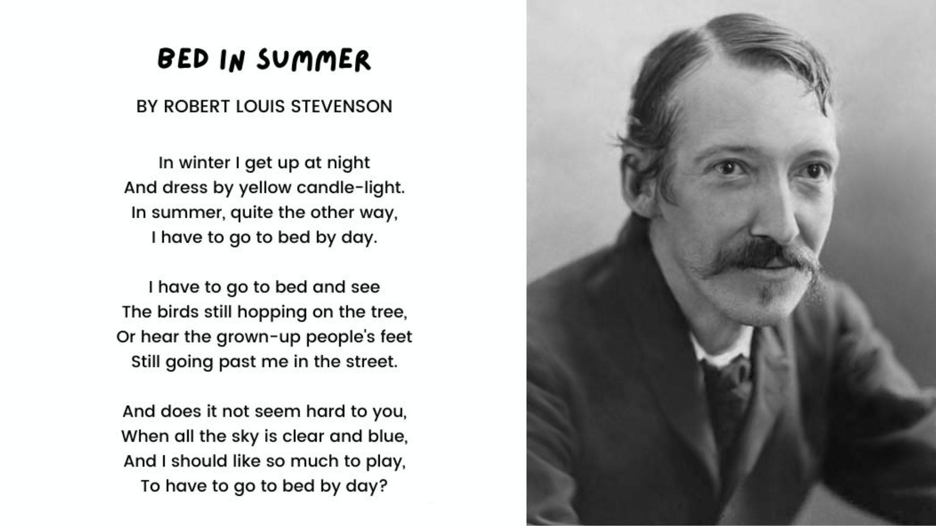 Robert Louis Stevenson portrait beside a printed page of Bed in Summer