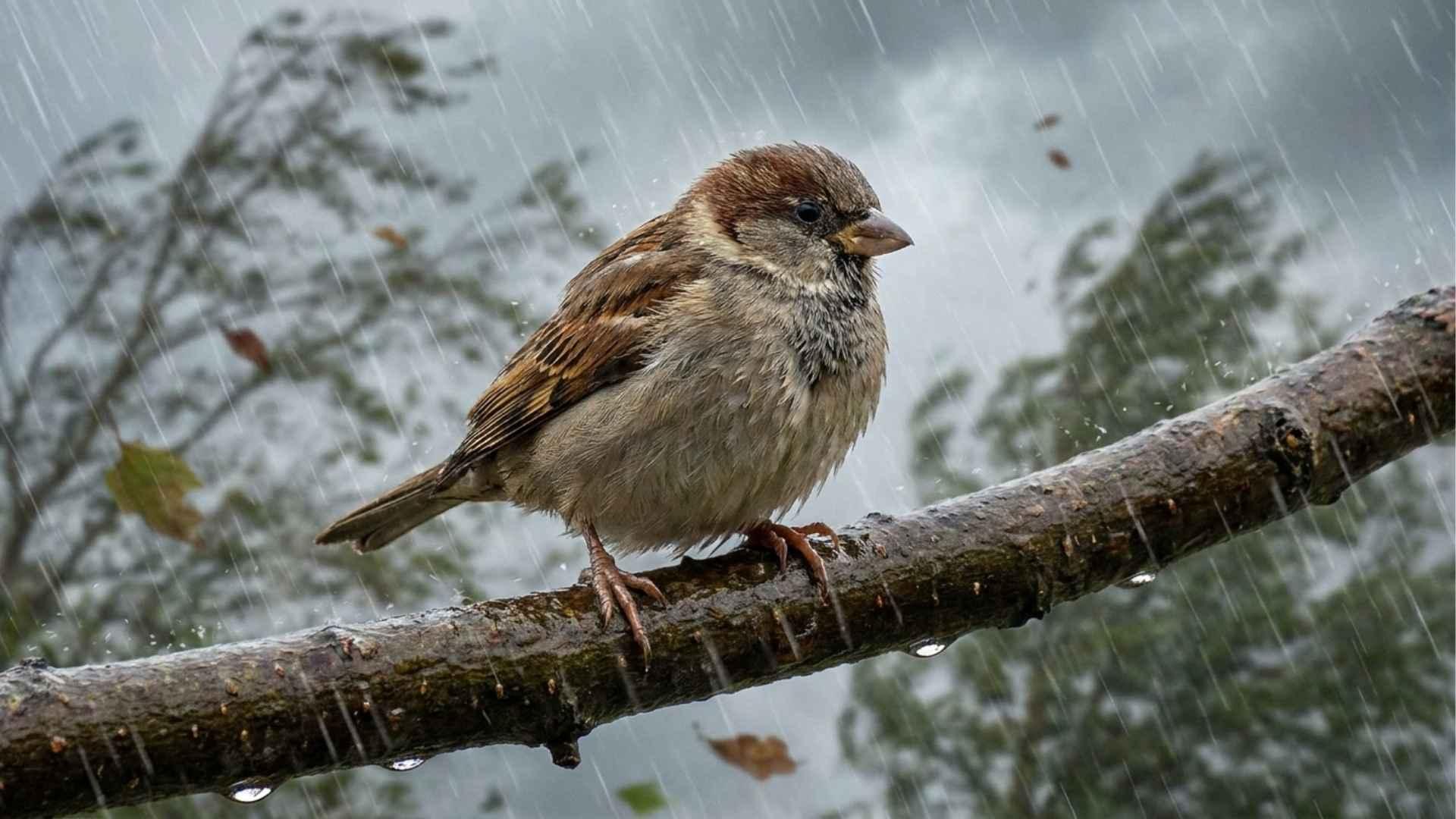 Small bird perched on a branch during rain and wind.