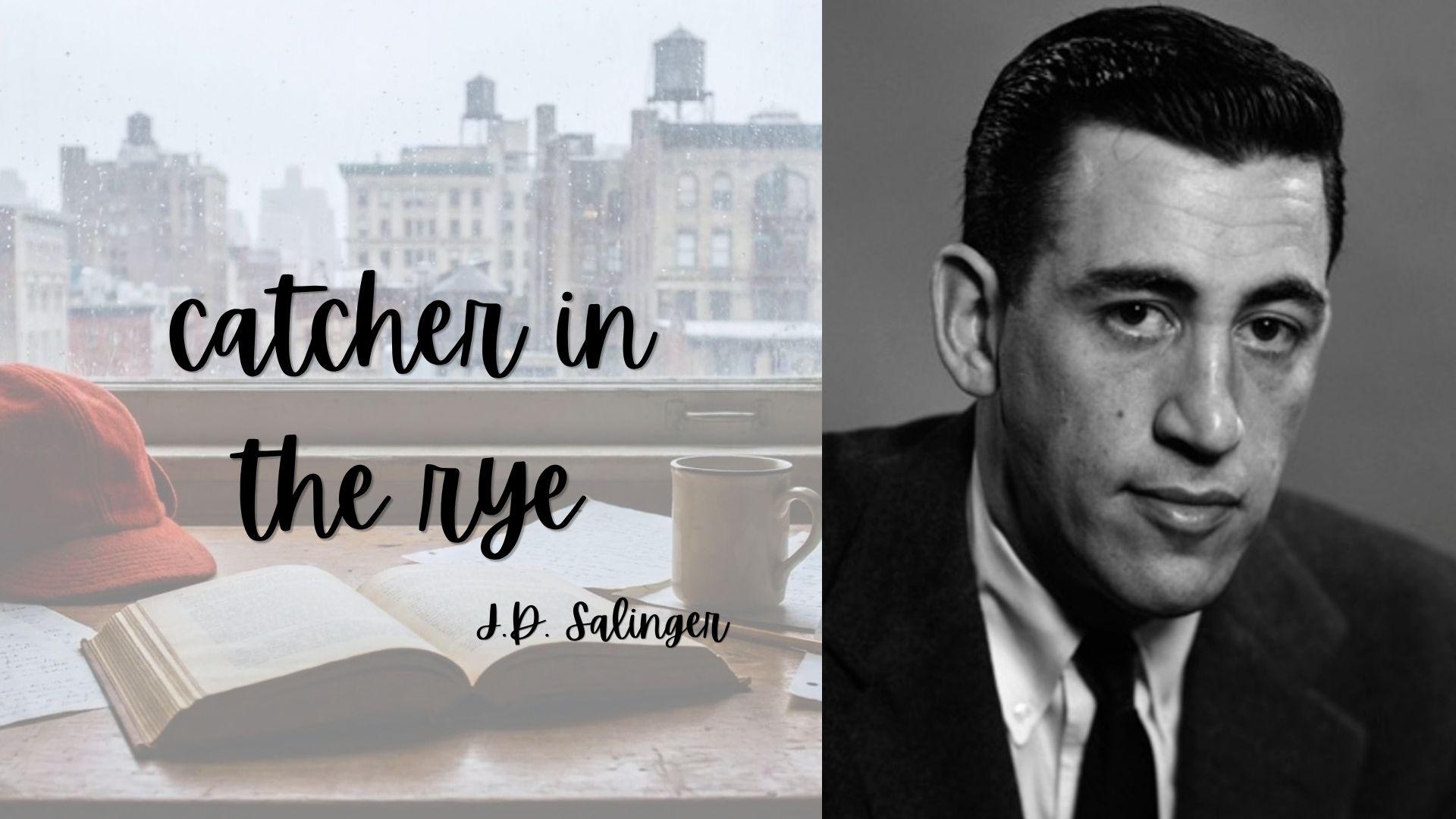 Text catcher in the rye by J.D. Salinger over the desk with a poet portrait.