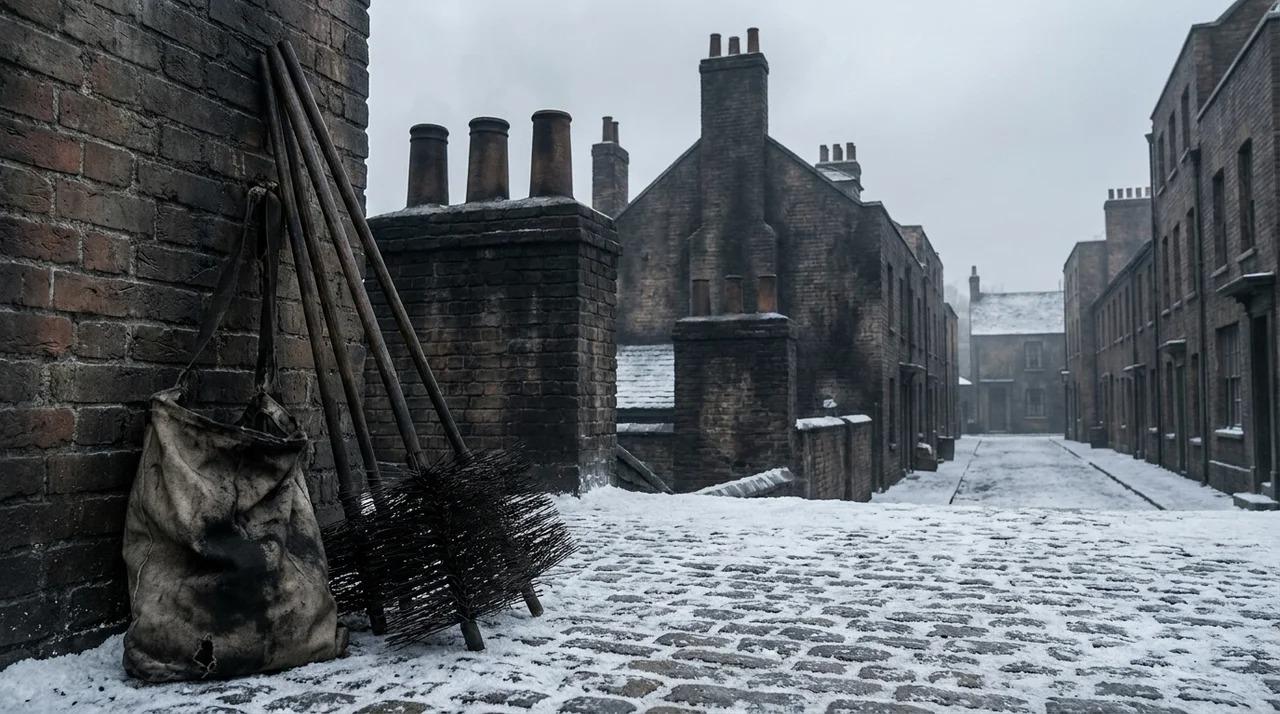 Chimney brushes, sweep bag, brick chimneys, and a snow-covered street.