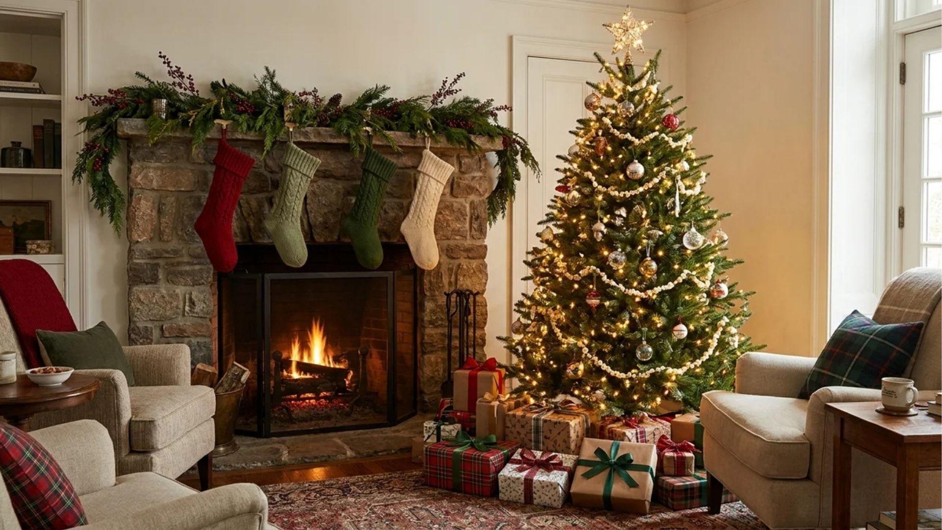 Christmas tree beside fireplace with stockings and wrapped presents.
