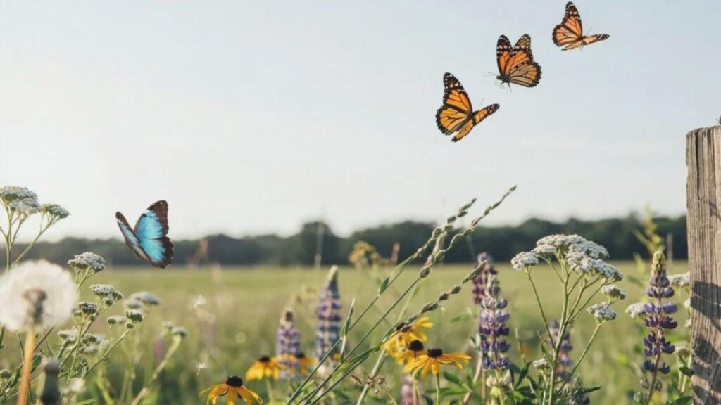 Multiple colorful butterflies flying above a blooming wildflower meadow