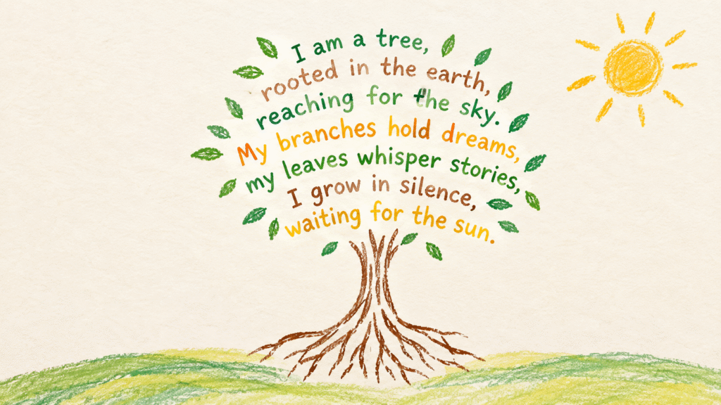 A pencil colour sketch of a tree in concrete poem format with lines spread like leaves