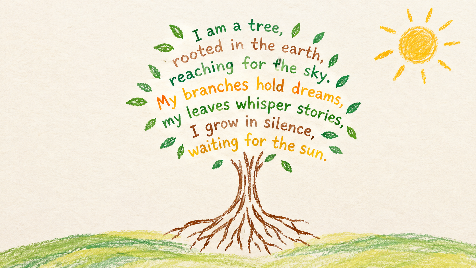 A pencil colour sketch of a tree in concrete poem format with lines spread like leaves