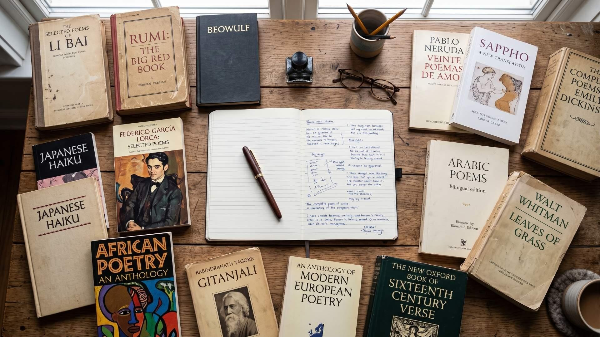 Poetry books from different traditions arranged together.