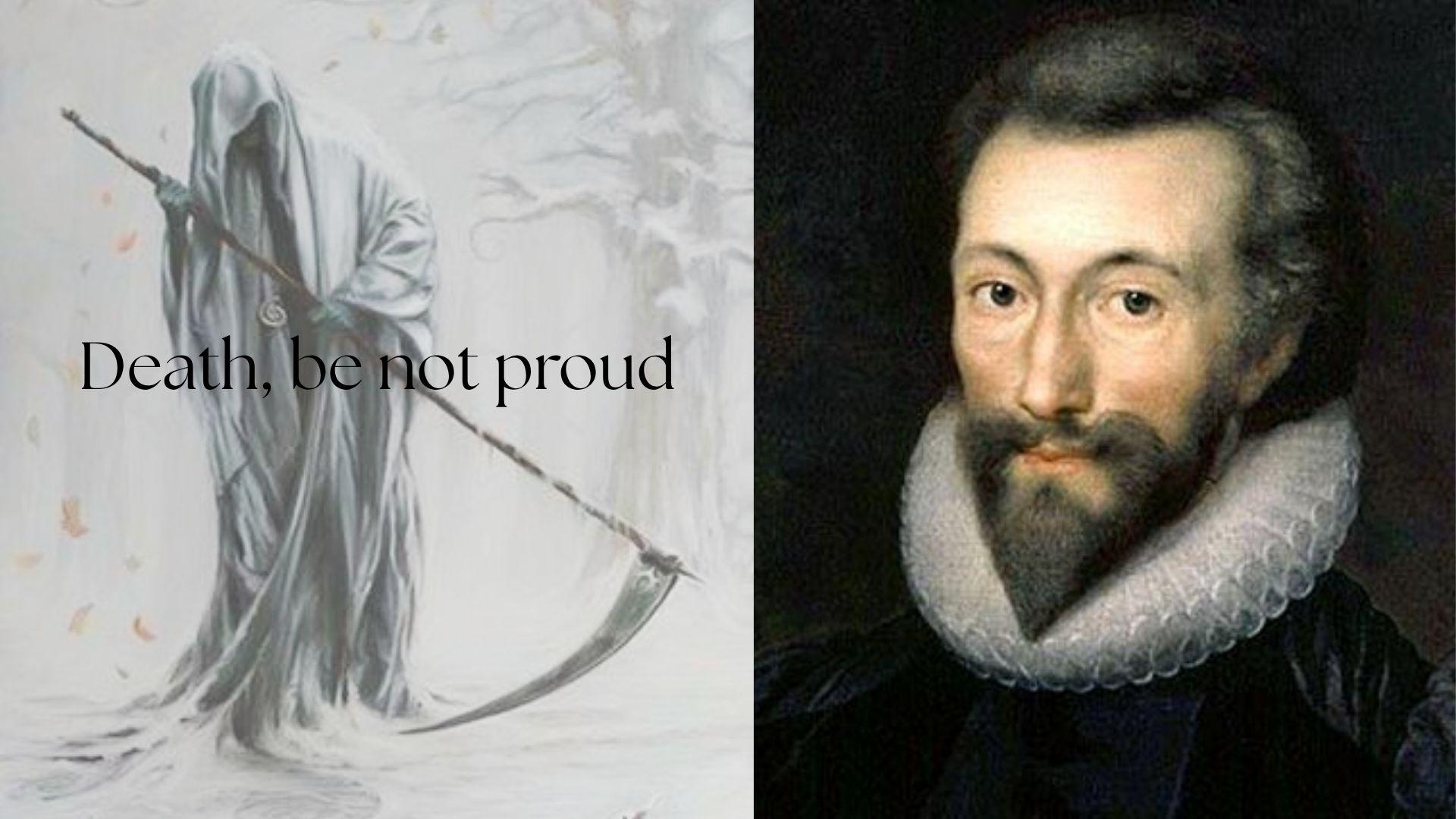 A cloaked Death figure illustration beside a Renaissance-era poet's portrait and poem title