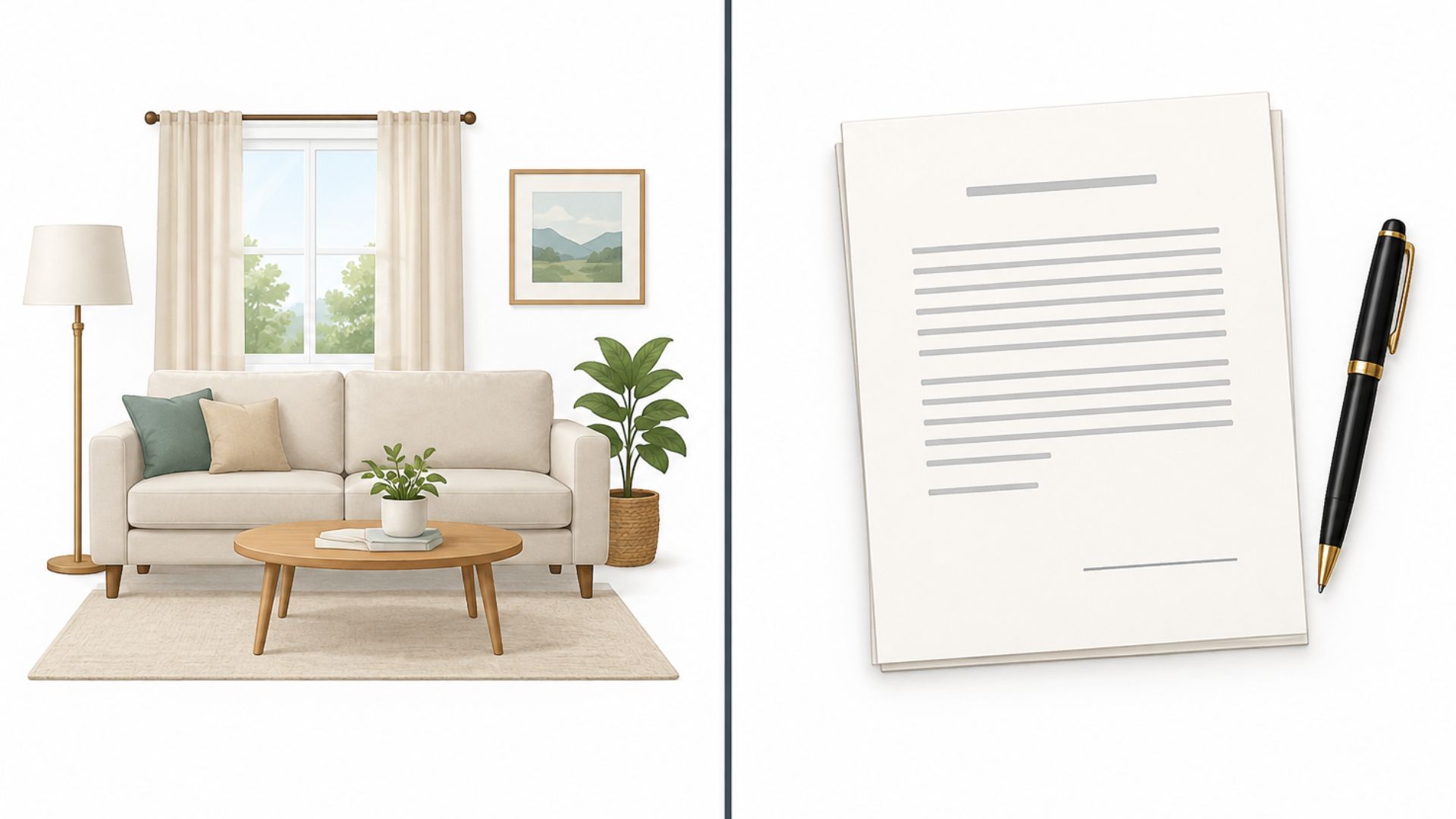 Split illustration of cozy living room with sofa on left and blank document with pen on right File name: living-room-interior-vs-document-concept