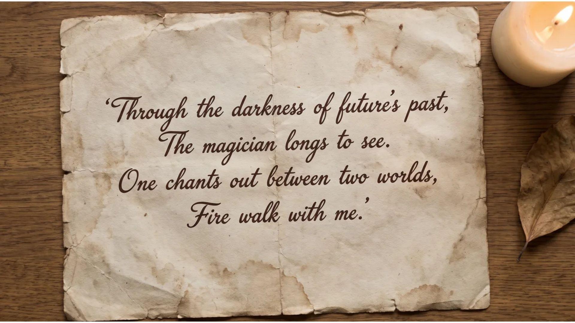 Stained parchment with handwritten Twin Peaks quote on wooden table beside lit candle and dried leaf
