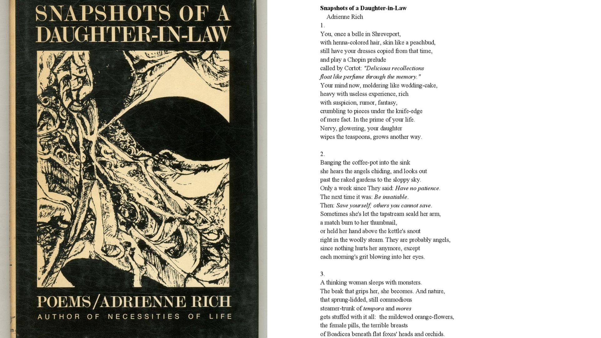 Book cover Snapshots of a Daughter-in-Law by Adrienne Rich with abstract drawing and poem stanzas File name: snapshots-of-a-daughter-in-law-adrienne-rich-cover-and-text