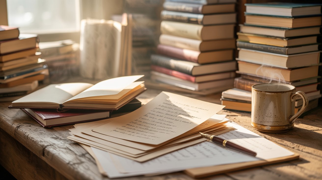Cozy sunlit desk with books, handwritten notes and coffee mug File name: sunlit-writing-desk-with-books-letters-coffee