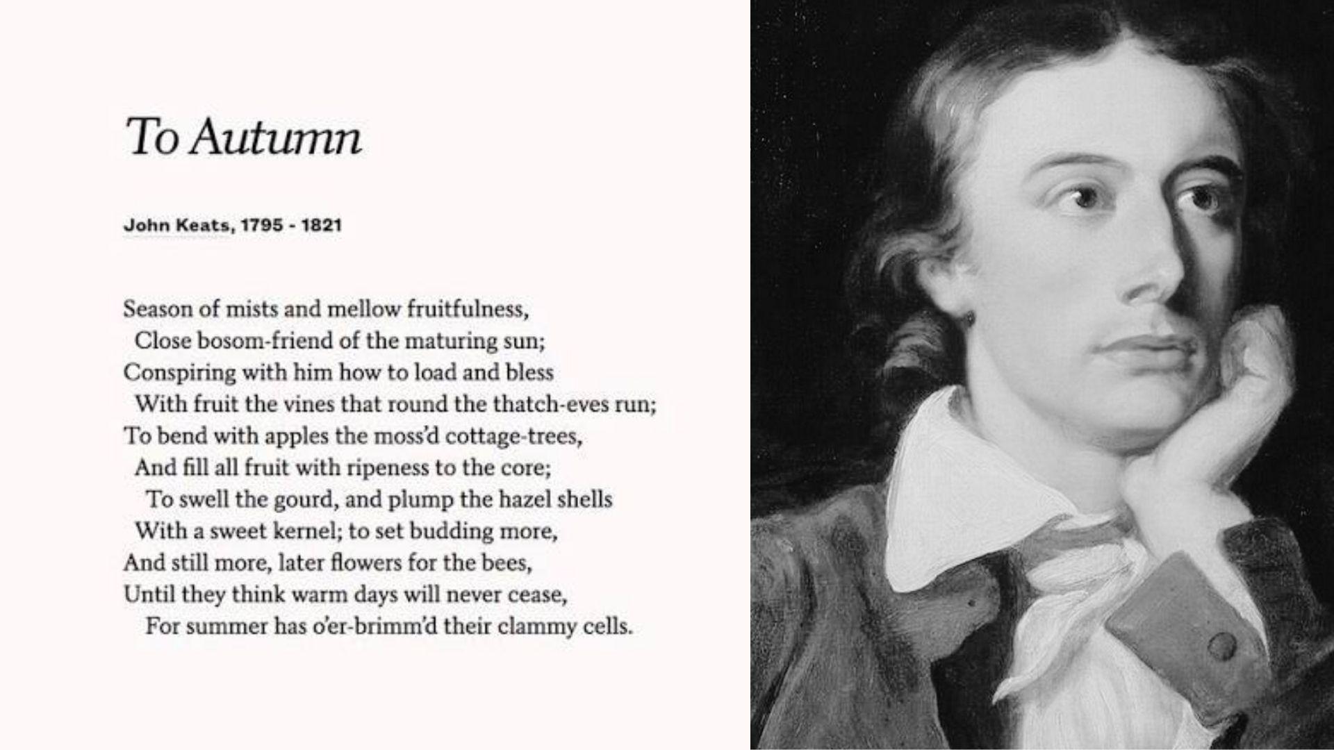 John Keats portrait beside a printed page of To AutumnFile name:to-autumn-john-keats
