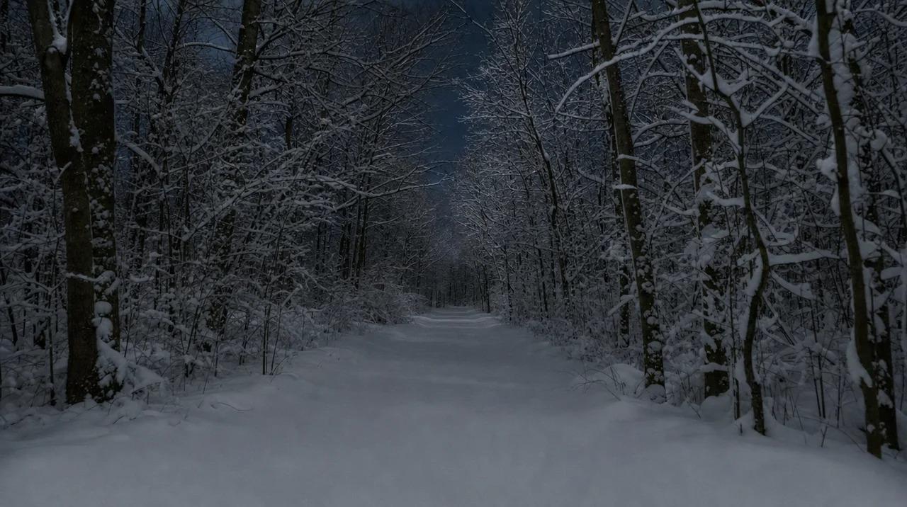 Snow covered forest path at night lined with snow frosted trees and bushesFile name: snow-covered-forest-path-winter-night