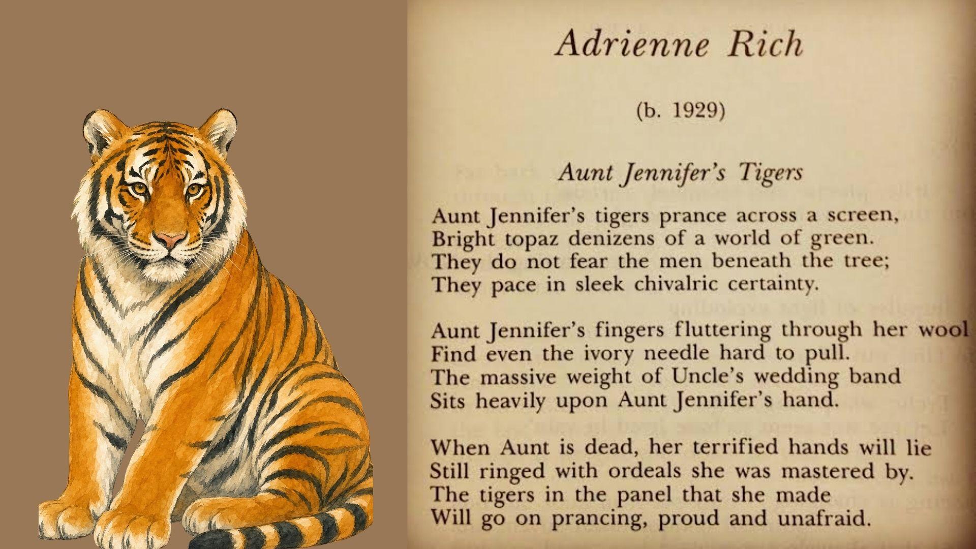Watercolour painting of seated orange tiger beside printed text of Adrienne Rich poem Aunt Jennifer's Tigers Filename: adrienne-rich-aunt-jennifers-tigers-poem-with-tiger-illustration