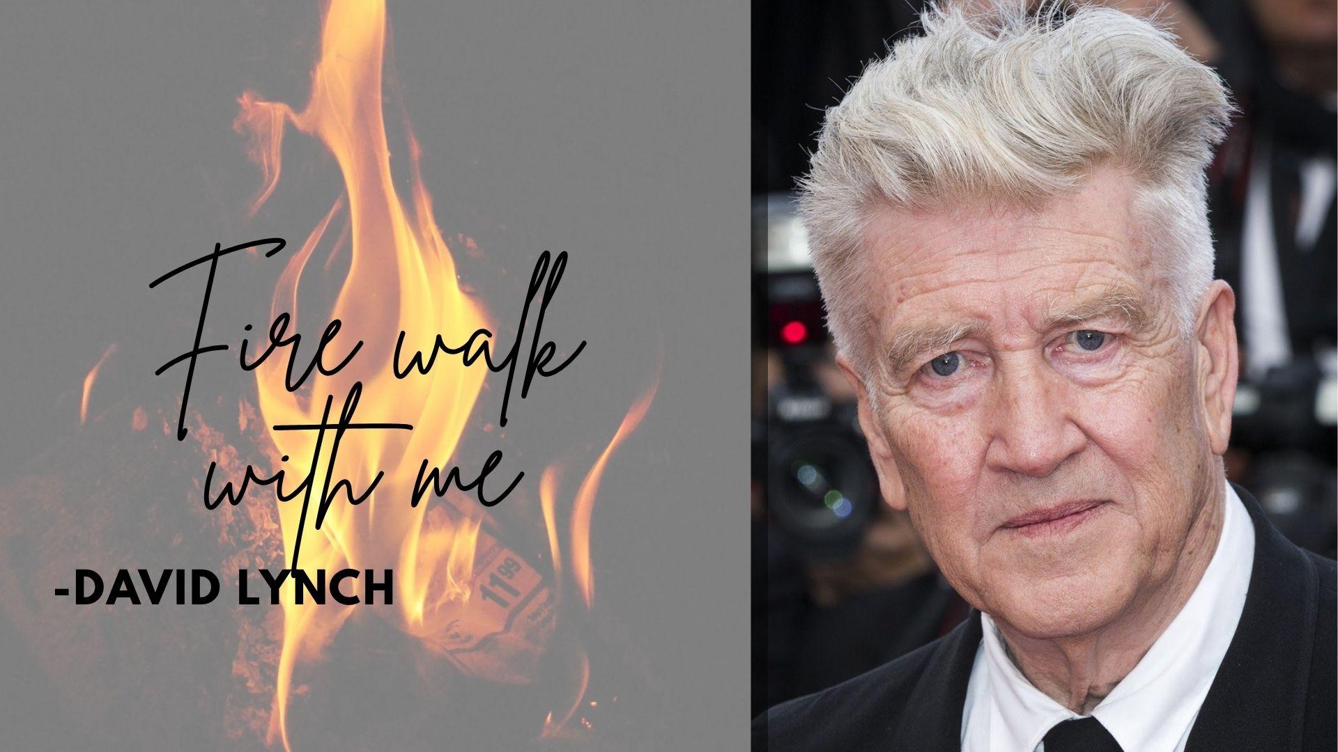 Split image left side flames with handwritten quote, right side portrait of white-haired older man in suit and tie.