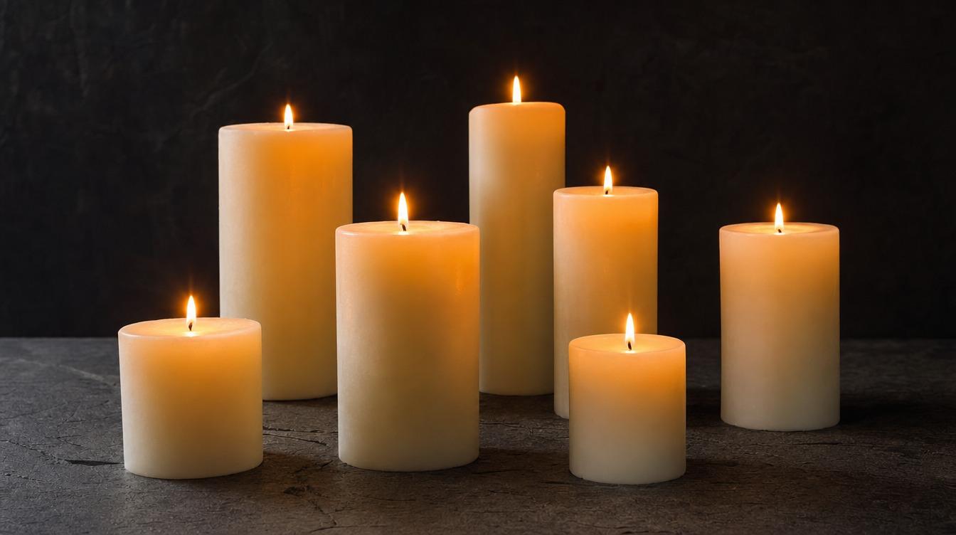 Seven lit white pillar candles of different heights glowing warmly on dark stone surfaceFile name-seven-lit-pillar-candles-dark-background