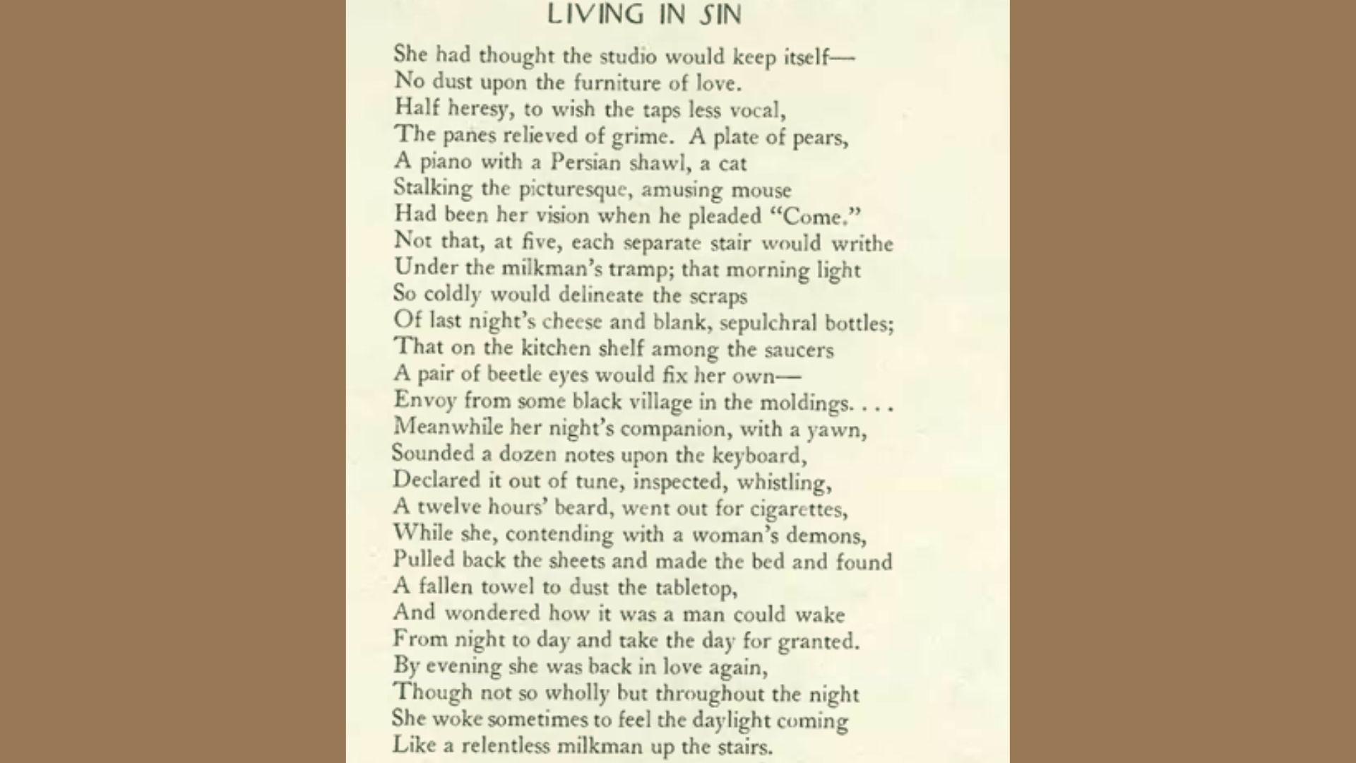 Printed poem Living in Sin by Adrienne Rich displayed on aged paper with brown side bordersFile name: living-in-sin-poem-by-adrienne-rich-text-page