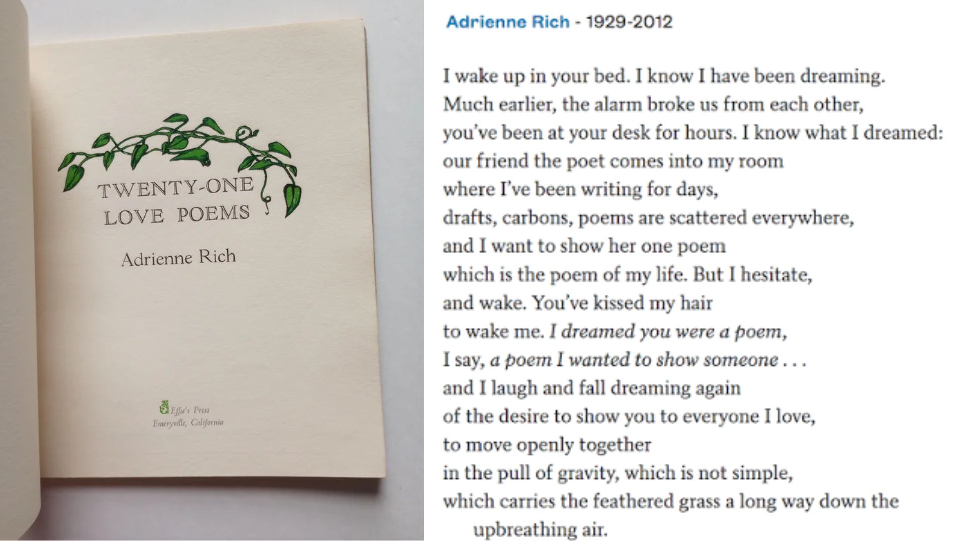Title page Twenty-One Love Poems by Adrienne Rich with green vine illustration and love poem excerpt File name: twenty-one-love-poems-adrienne-rich-title-page-and-excerpt