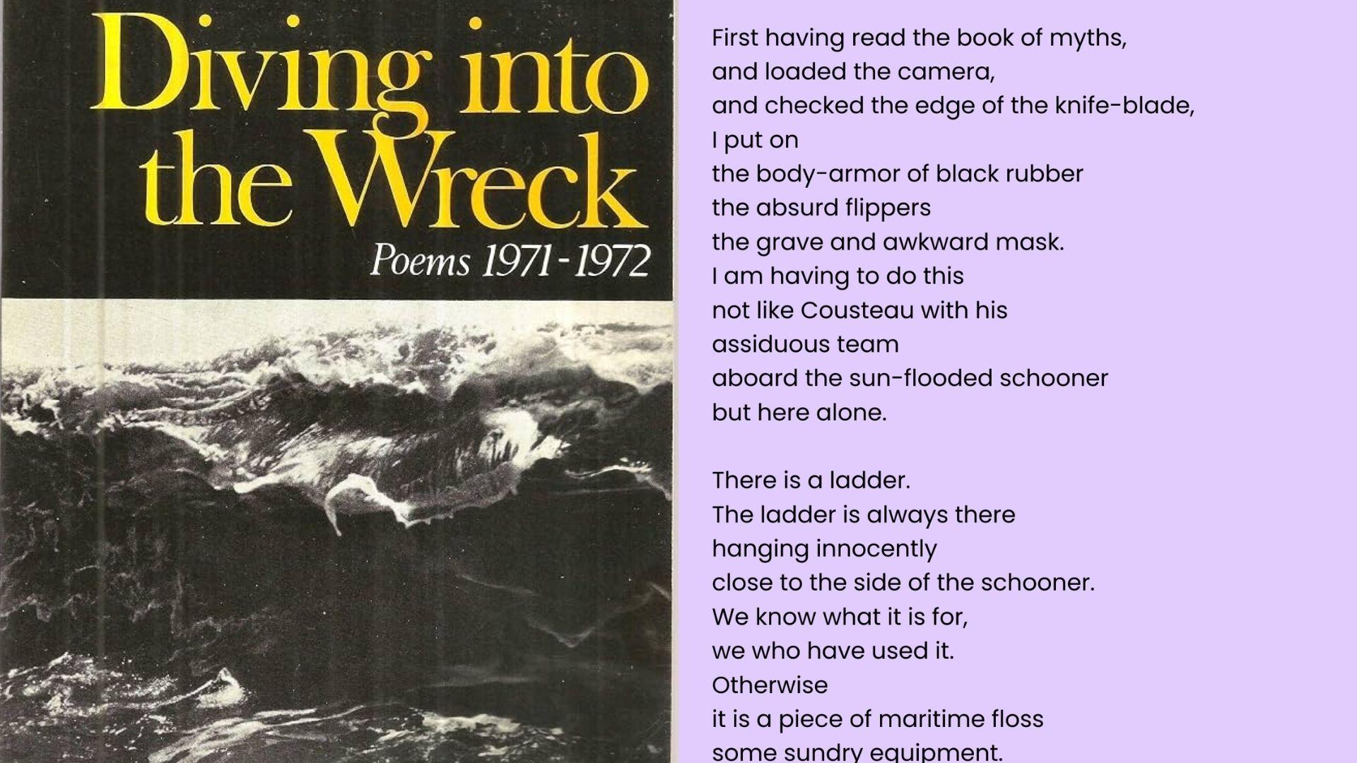 Book cover Diving into the Wreck Poems 1971-1972 with ocean waves and poem text about black rubber body-armour File name: diving-into-the-wreck-poems-1971-1972-book-cover-and-poem-text