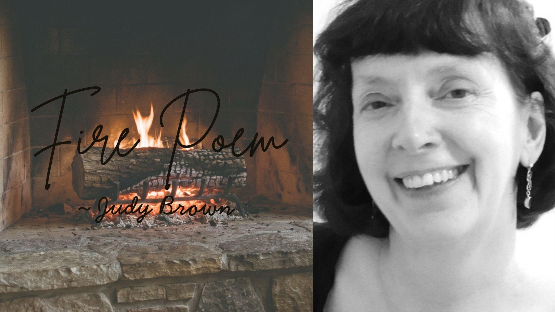 Judy Brown portrait beside a fireplace representing her Fire poemFile Name: judy-brown-fire-poem-title