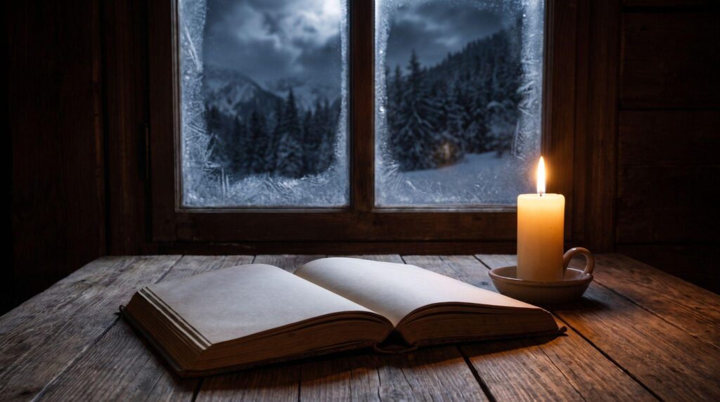 Open blank book with lit pillar candle on rustic wood table near frosty window overlooking snowy pine forest at night