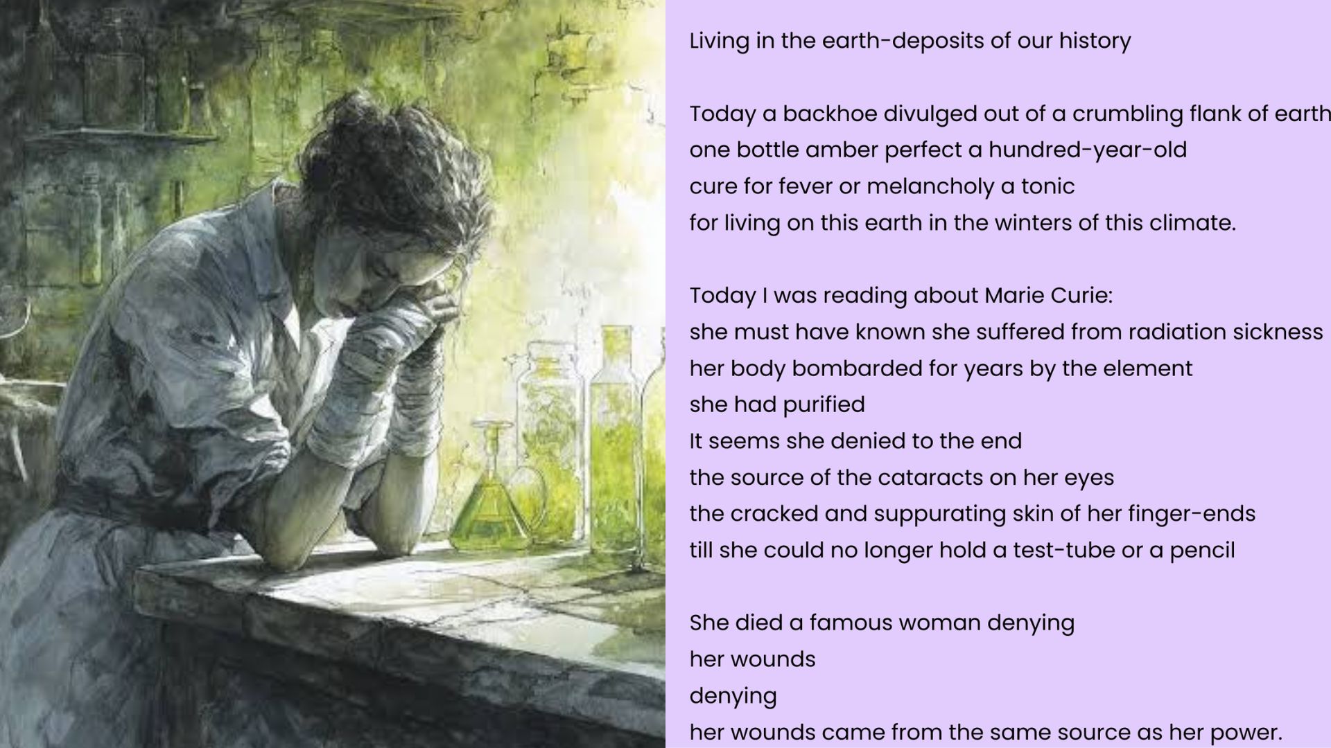 Watercolour of distressed woman at lab table with bottles beside poem about Marie Curie and radiation sickness File name: Lines-from-a-poem-with-distressed-woman