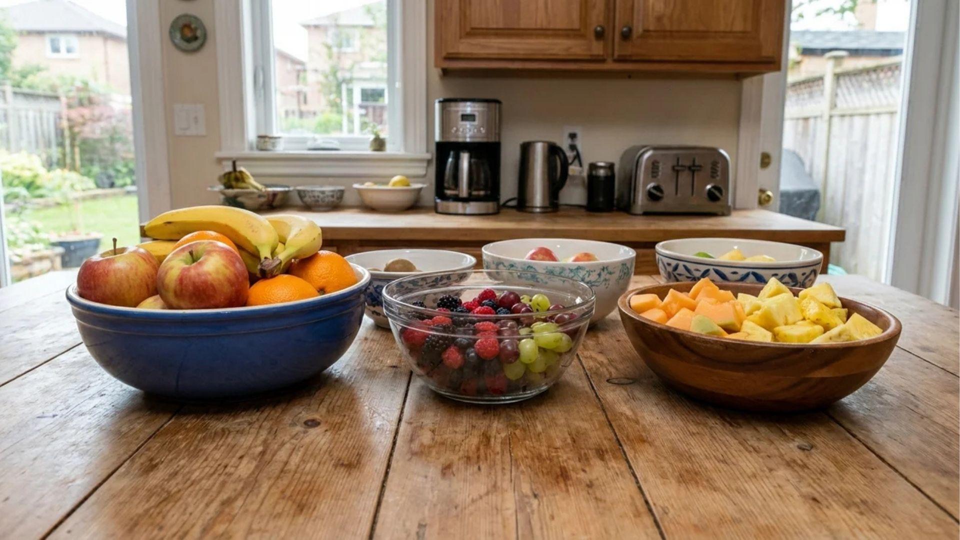 Assorted fruit bowls arranged on a kitchen countertop.