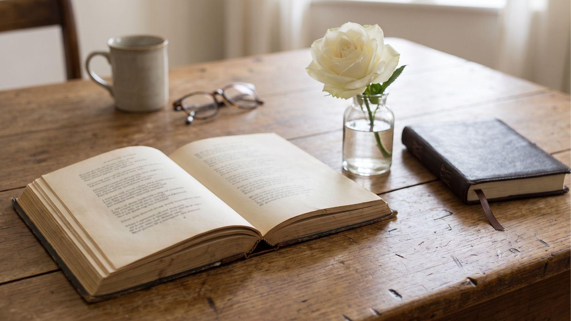 Open poetry book beside a flower and journal.