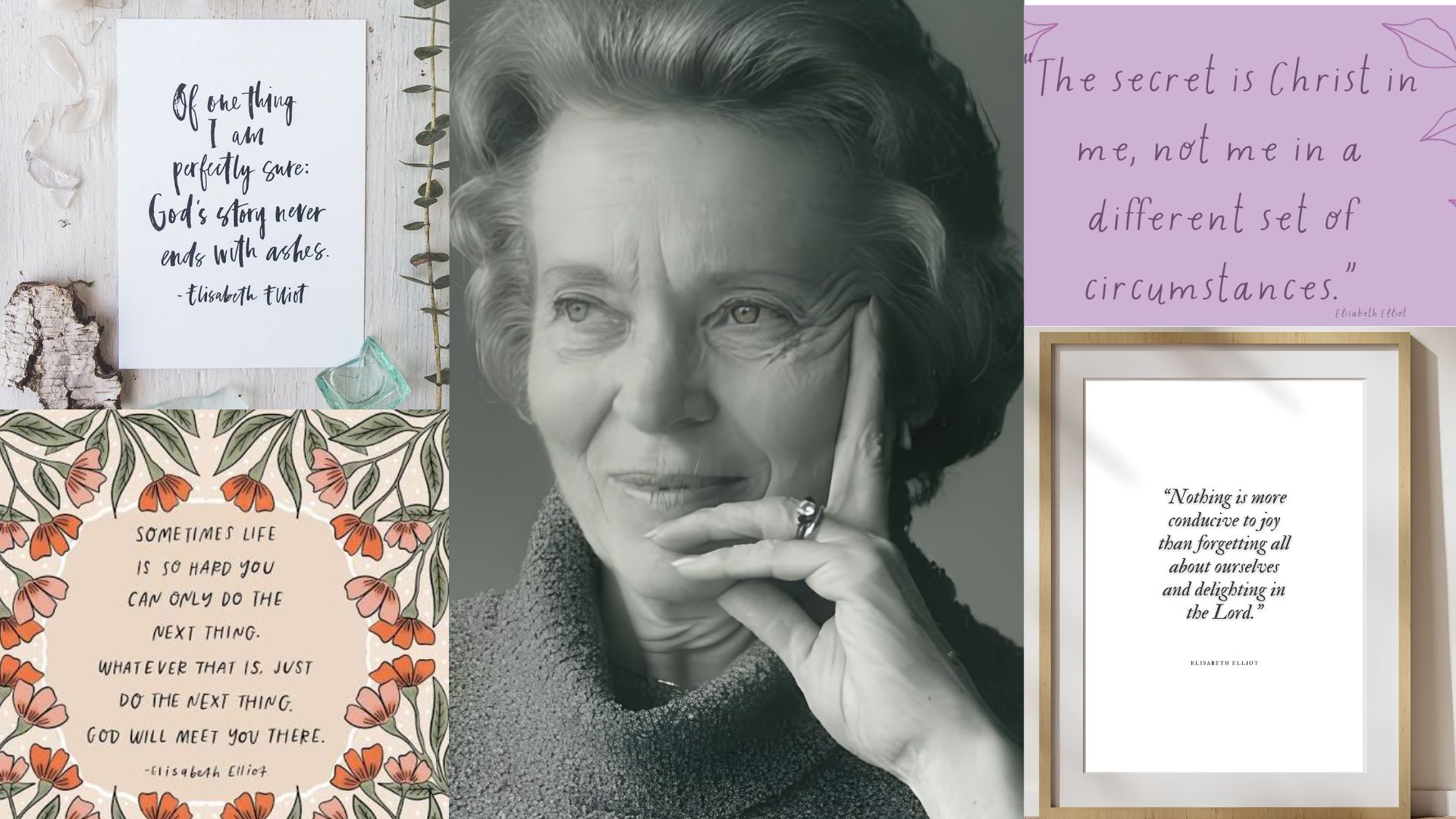 Portrait of Elisabeth Elliot surrounded by four of her famous inspirational Christian quotes about faith and perseverance