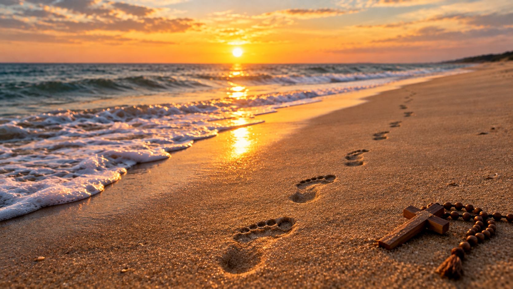 Footprints in the sand along a beach beside a wooden cross and prayer beads |