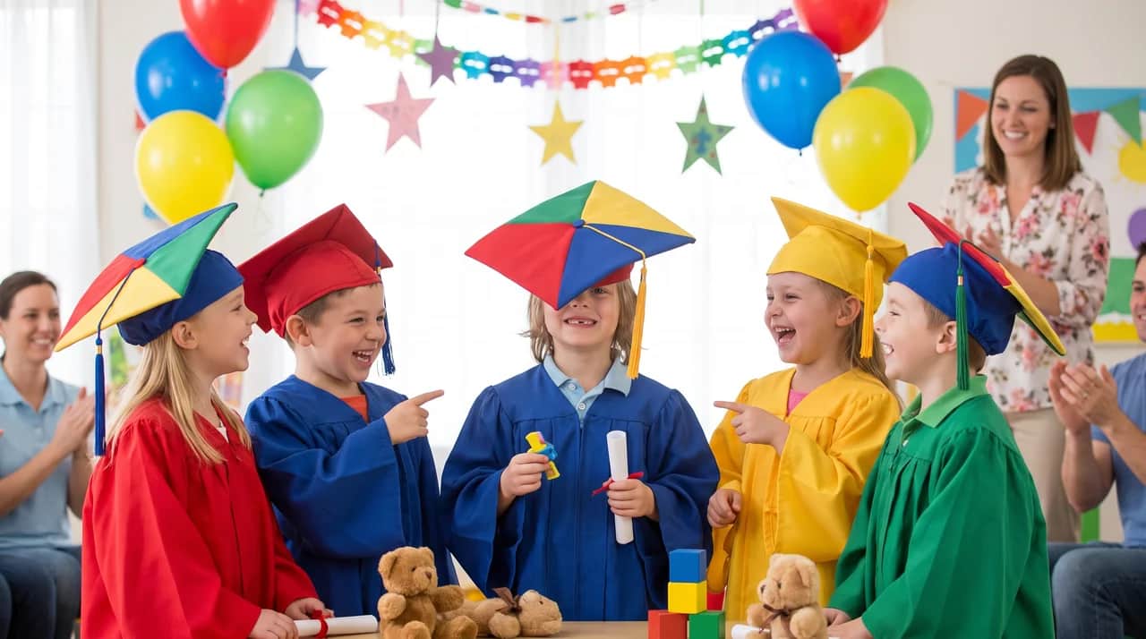 Preschool children laughing and making funny expressions at their graduation ceremony.