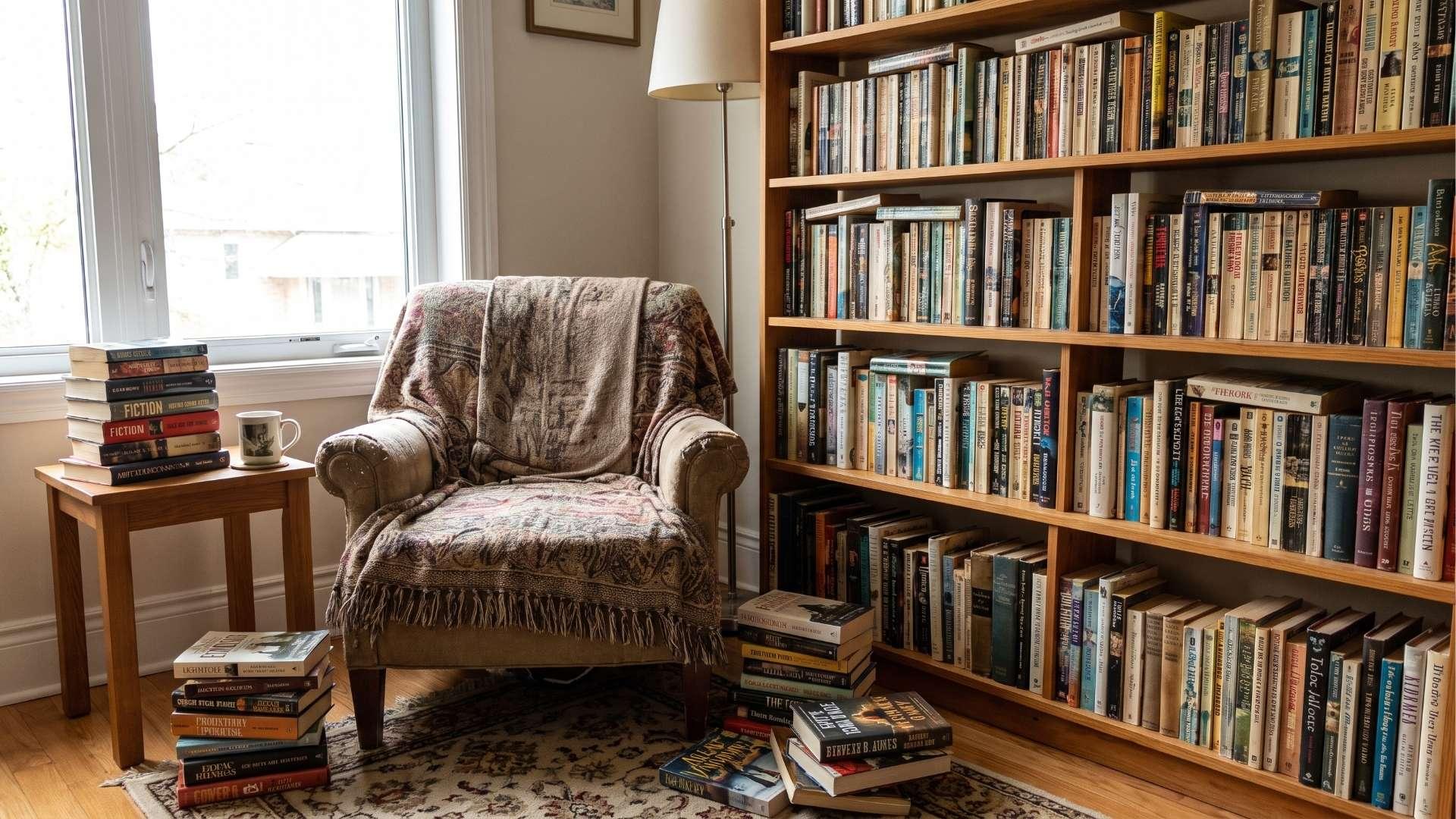Bookshelf and reading chair in a home reading corner.