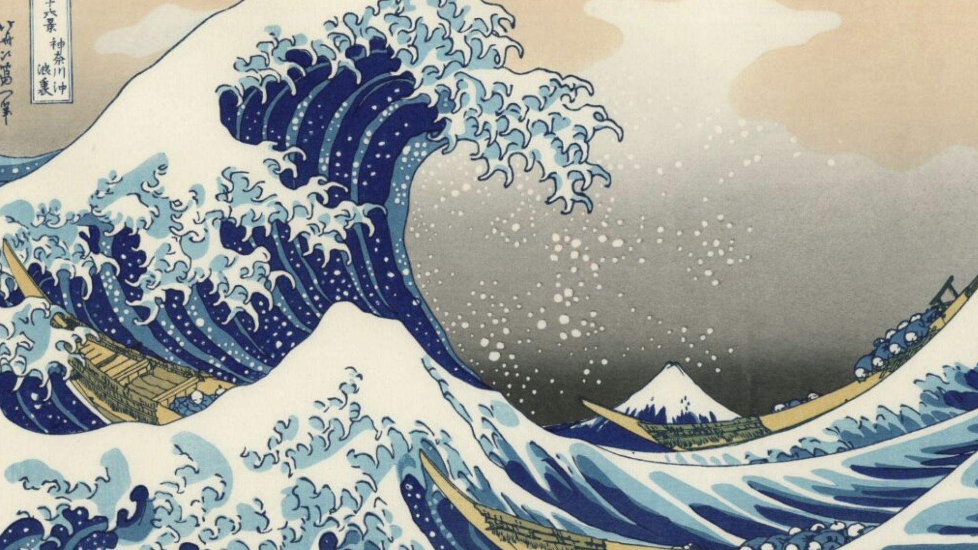 Japanese woodblock print of a massive ocean wave with boats