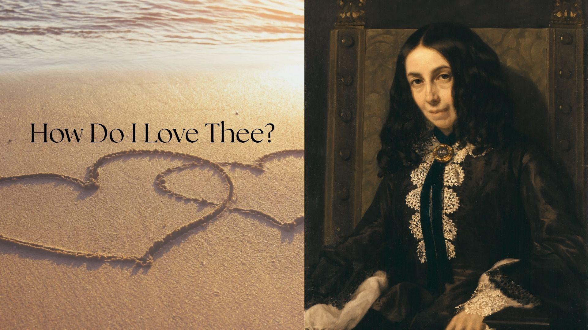 Hearts drawn on sandy beach beside a Victorian woman's portrait and love poem title.