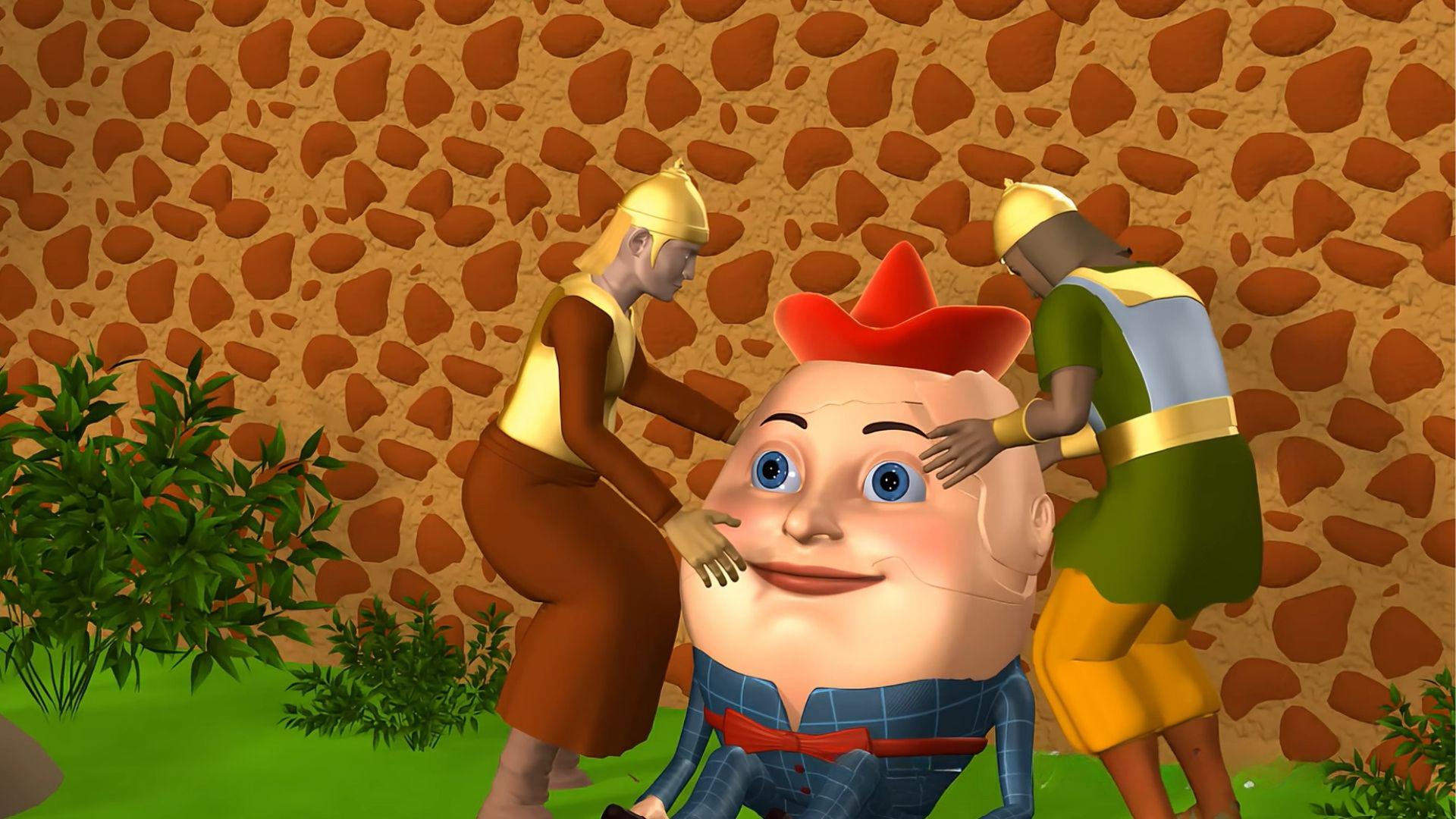 Two soldiers helping cracked egg character Humpty Dumpty after fall.