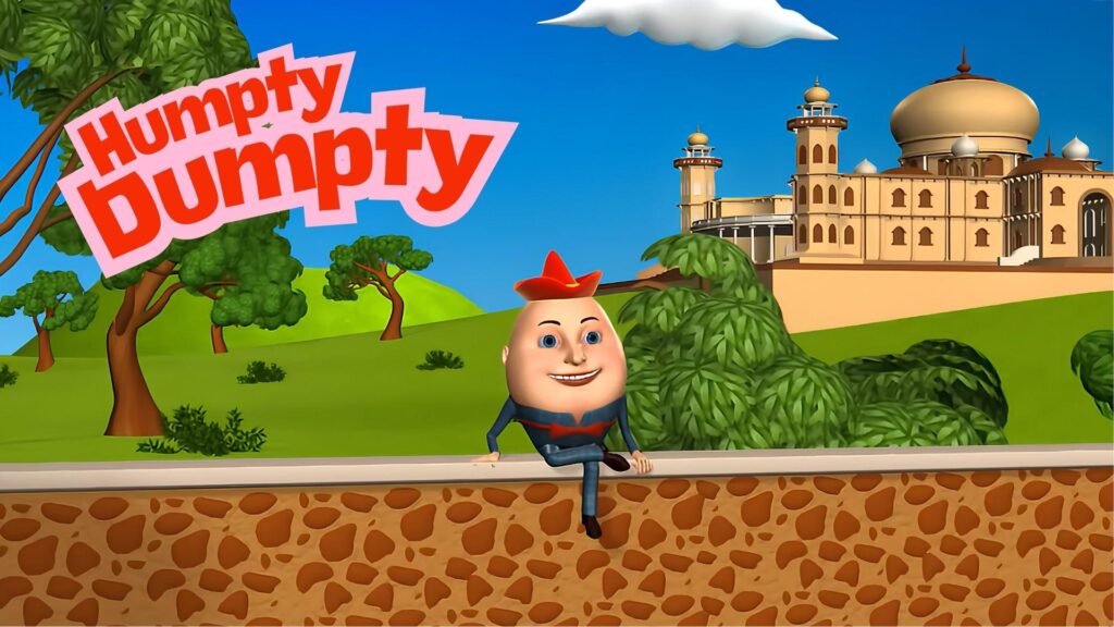 Cartoon egg character Humpty Dumpty sitting on stone wall outdoors.