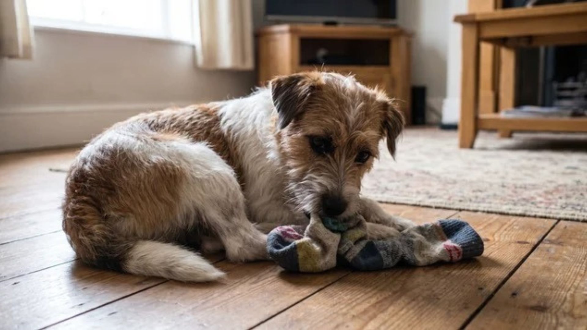 Dog chewing a sock on an indoor floor
