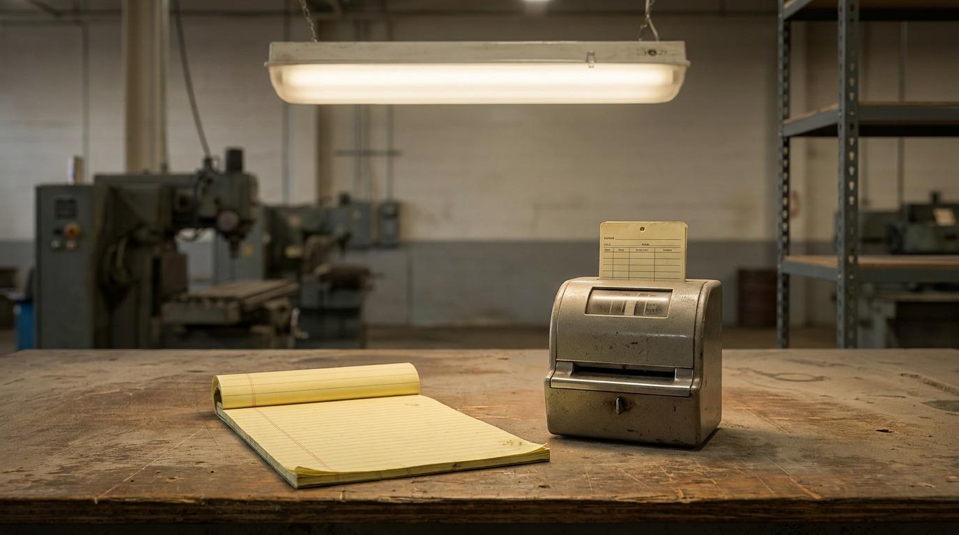 Legal pad beside a factory punch clock on a worktable.