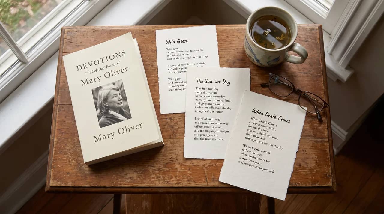 Devotions book beside open pages representing Wild Geese, The Summer Day, and When Death Comes