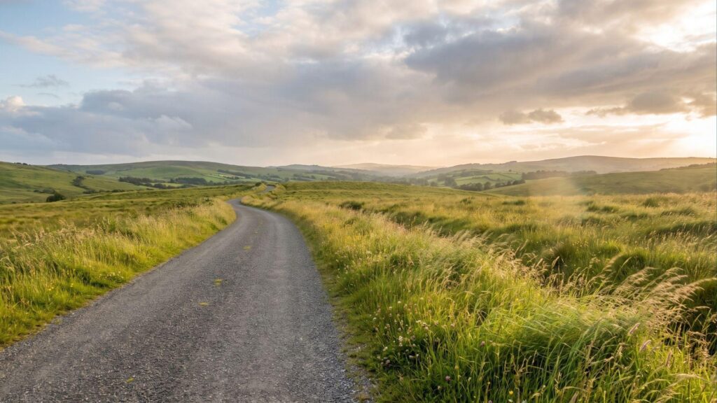 Winding road through green fields beneath sunlight with soft rain clouds in the distance