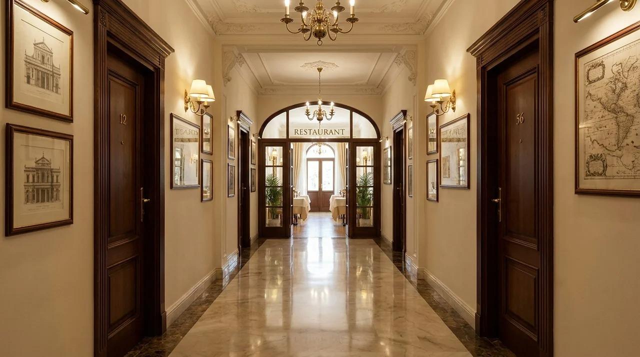 Historic hotel corridor with polished floors and decorative lighting.