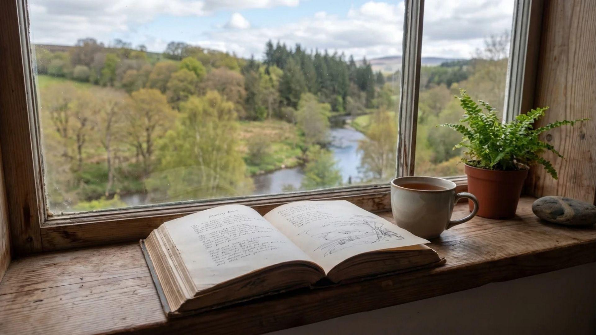 Open poetry book beside a window overlooking trees.