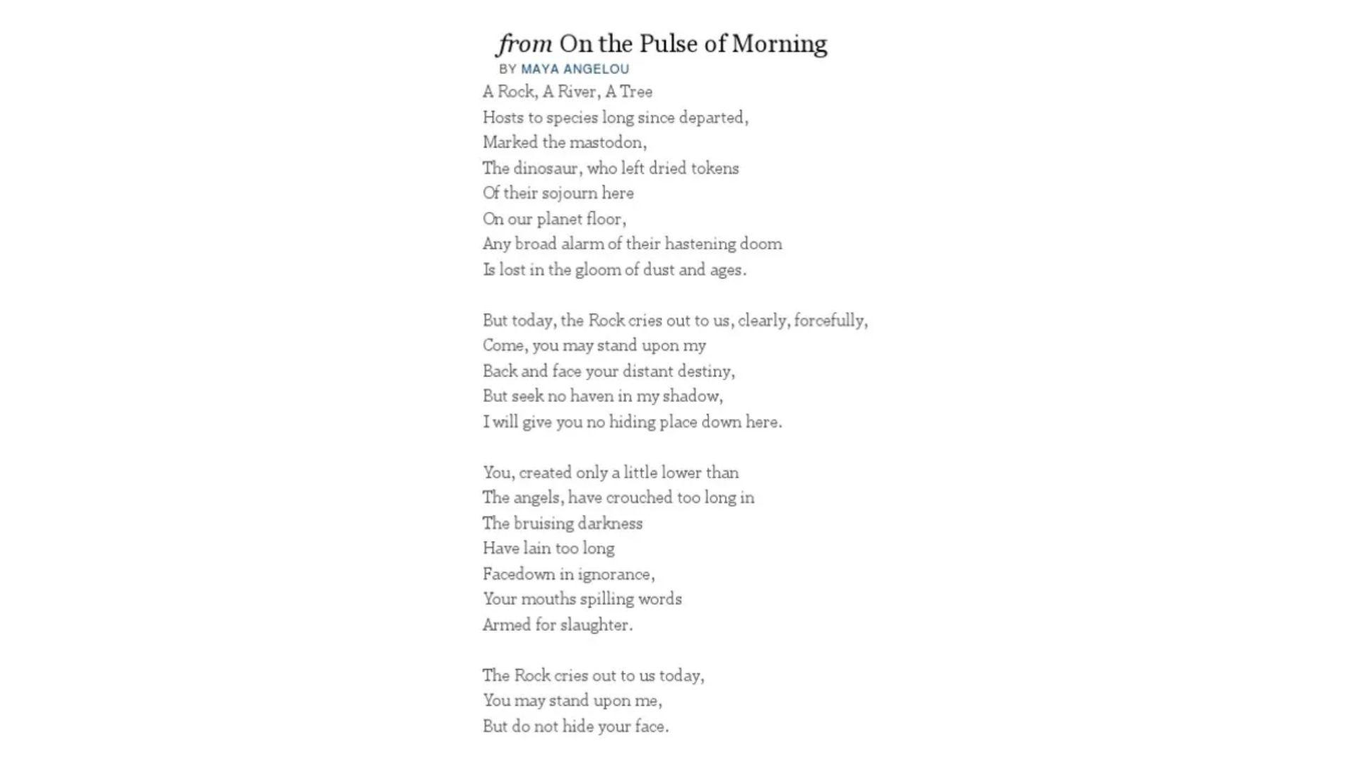 Maya Angelou on the pulse of morning whole poem text