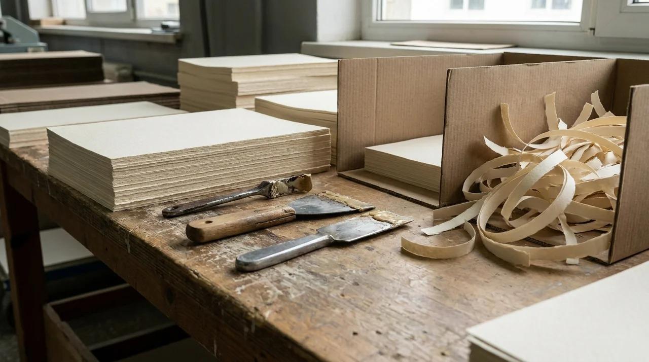 Paper stacks, glue tools, and cardboard separators on a worktable.