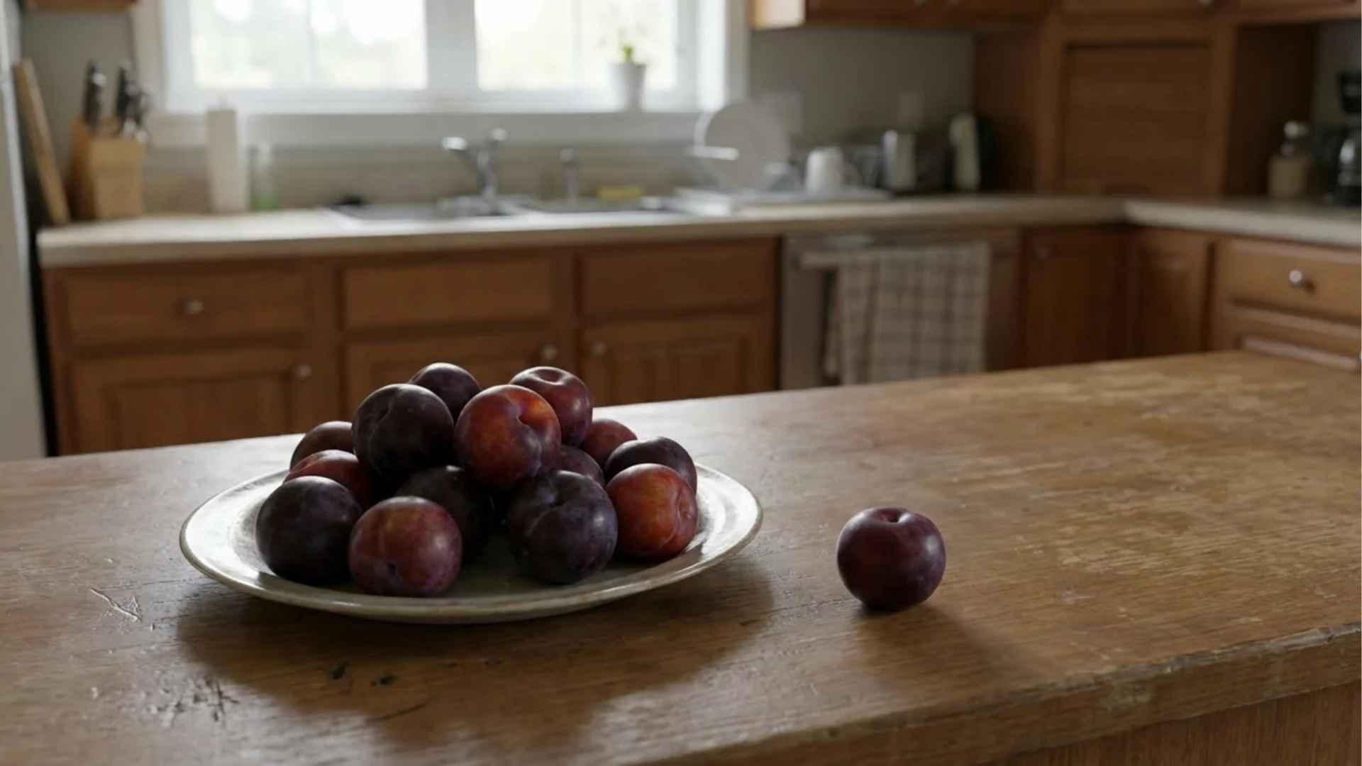Fresh plums arranged on a plate in a kitchen setting.