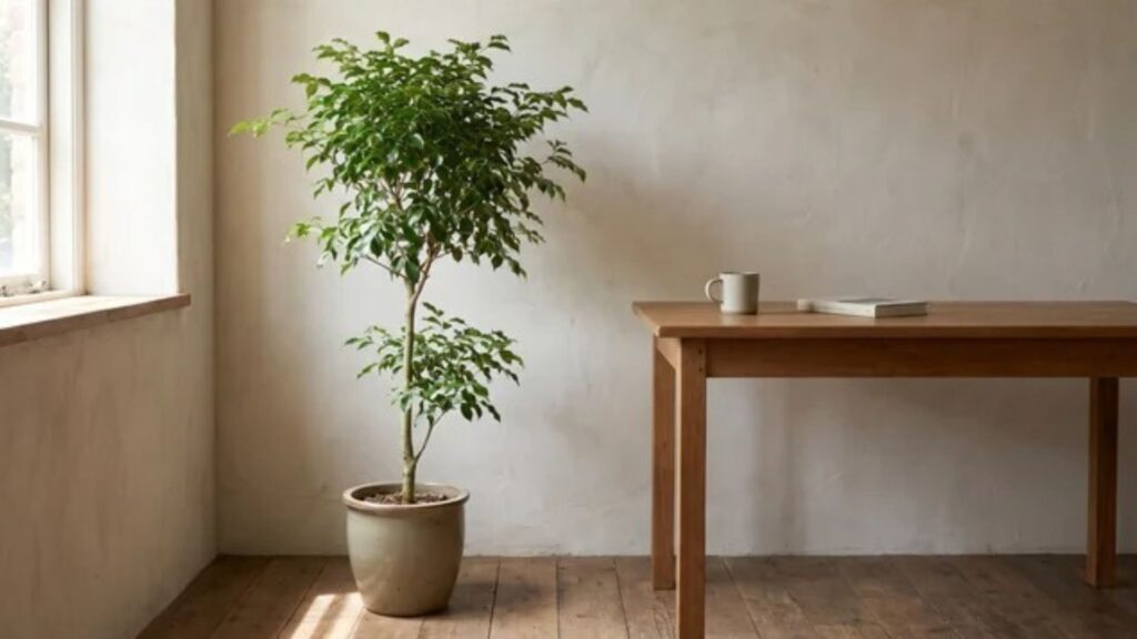 Green tree beside a simple table and wall in an ordinary home setting