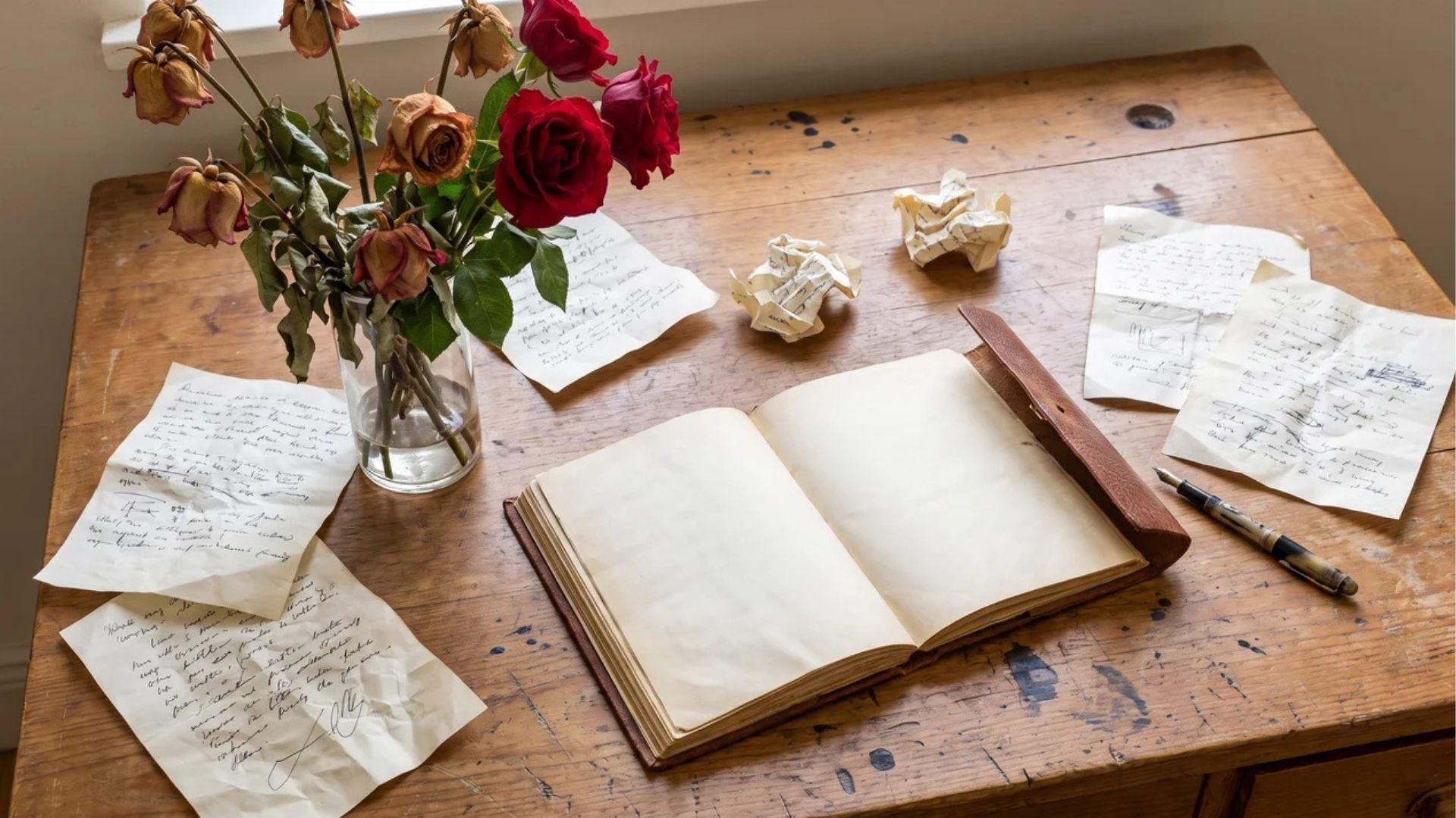 Notebook with draft pages beside fresh and wilting roses.