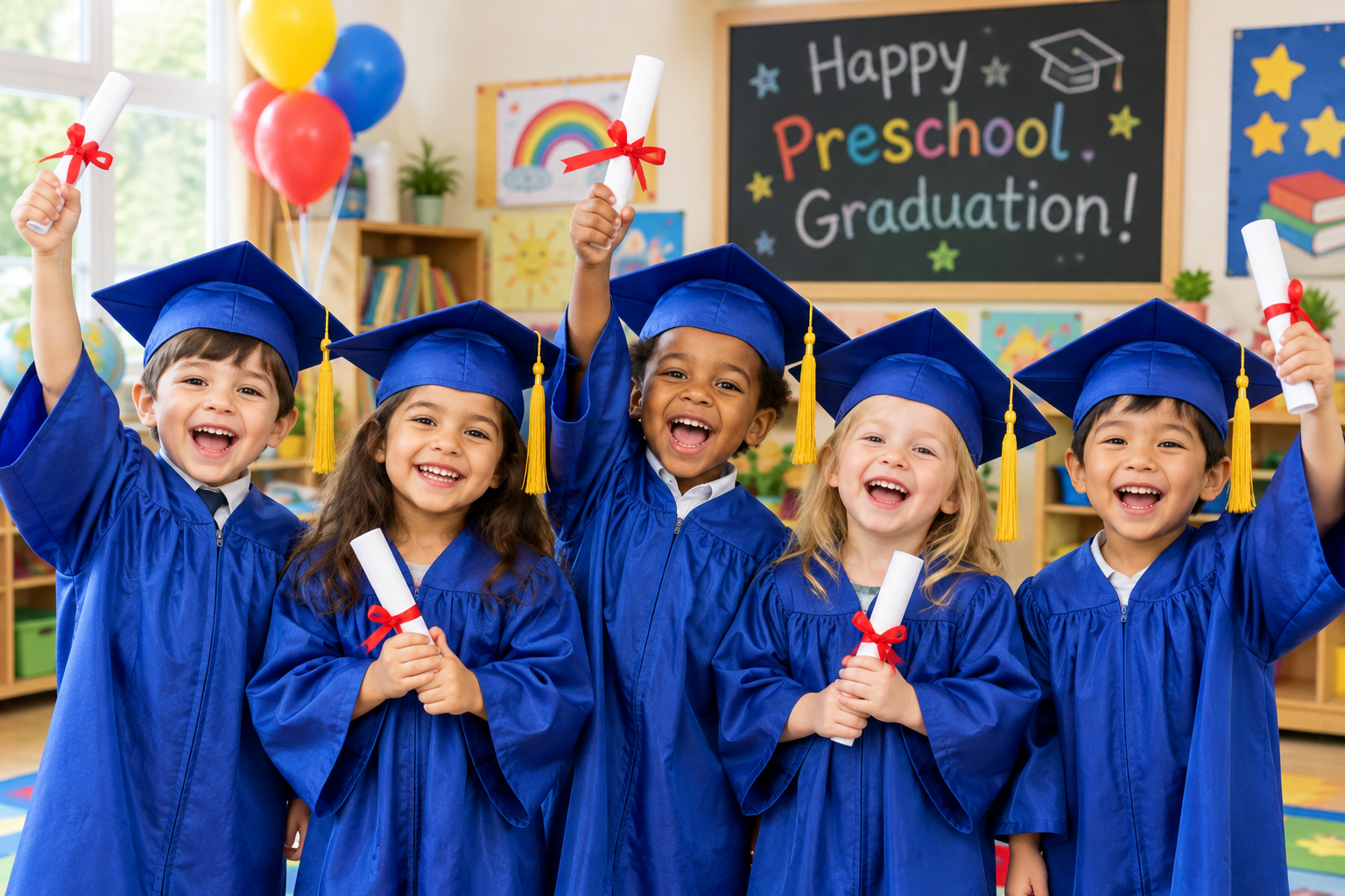 A group of five ecstatic children in the classroom wearing the conventional gown and cap at their preschool graduation ceremony